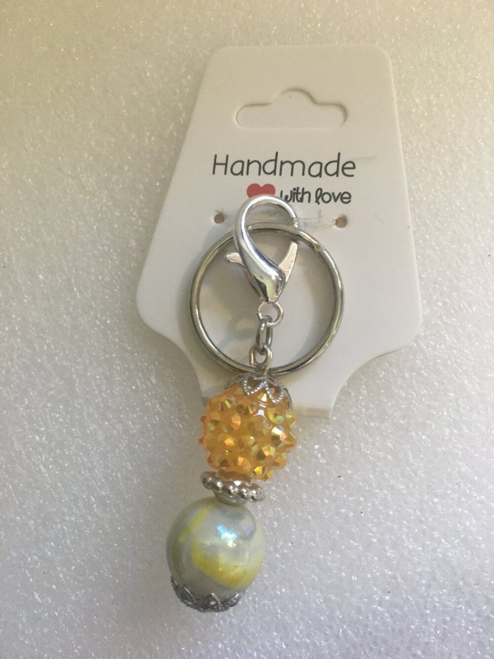 Acrylic Beaded Keychain – Yellow Marble & Iridescent Charm